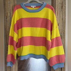 AEMI + CO Yellow and Coral Striped Knit Sweater with Blue Trim